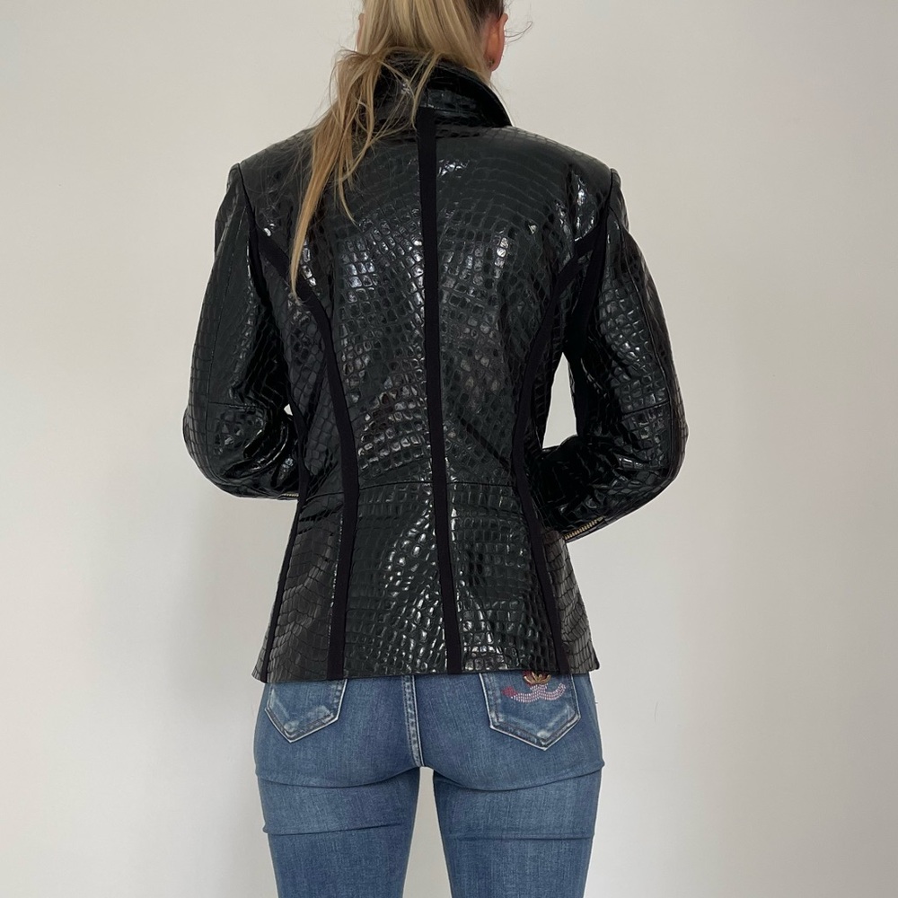 Genuine leather crocodile black patent jacket with elastic stripes